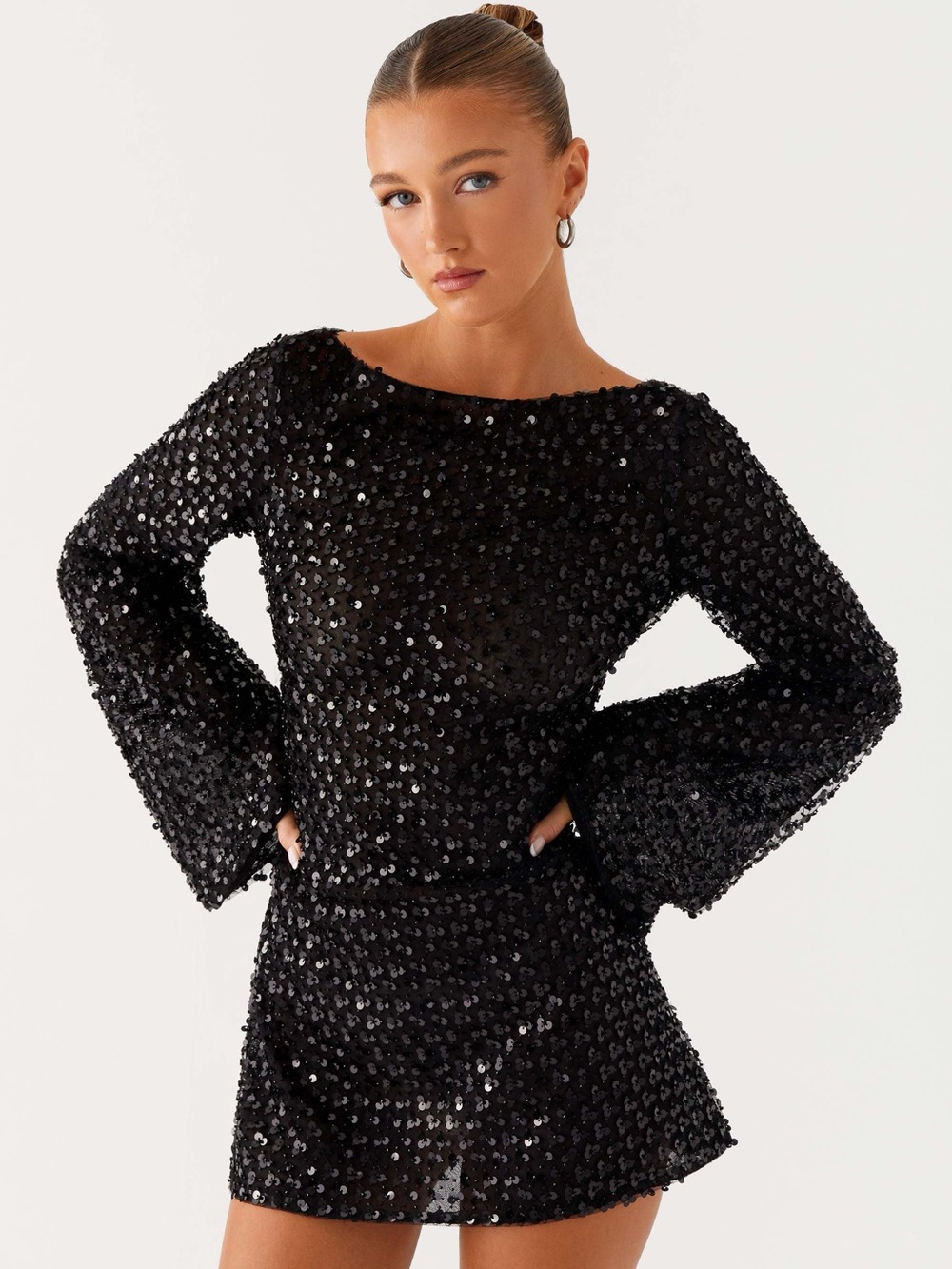 NWT‎ Peppermayo Black Sequin Mini Dress Size 6 Party Glam Open Back Bell Sleeve